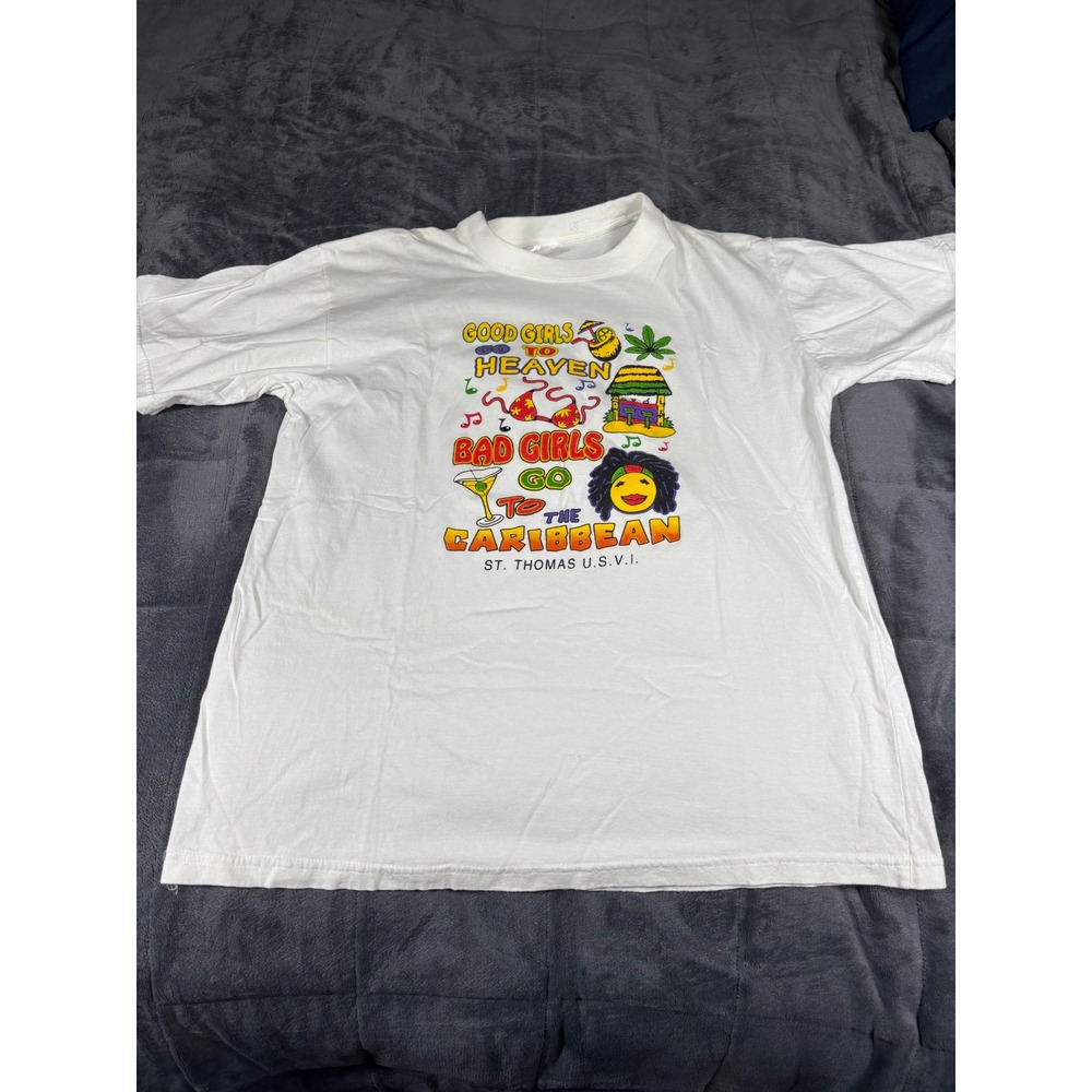 Paradise St Thomas USVI Graphic T-Shirt Mens XXL‎ White Bad Girls Caribbean Tee
